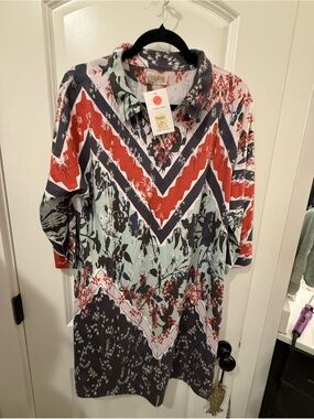Atelier Sona Floral Chevron Long Sleeve Dress in Red, Navy & Mint
